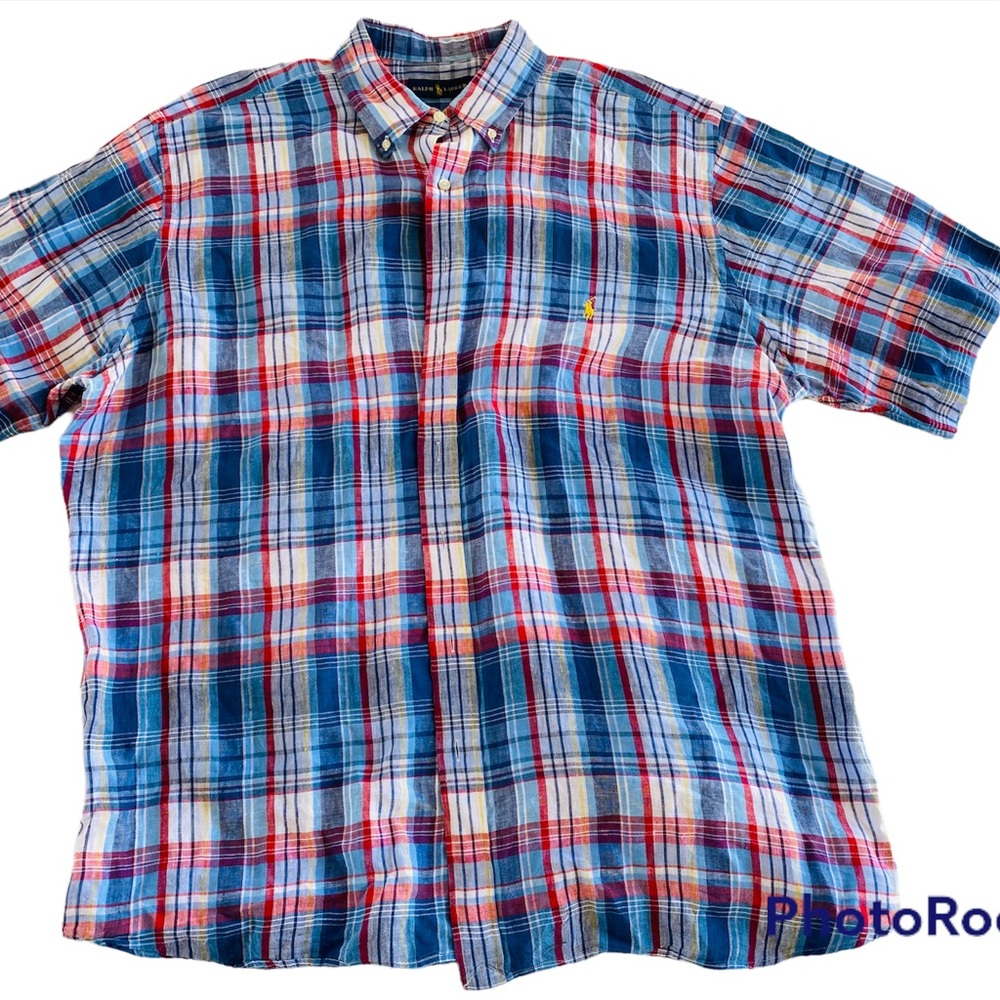 Ralph Lauren plaid linen button down polo shirt size XLT